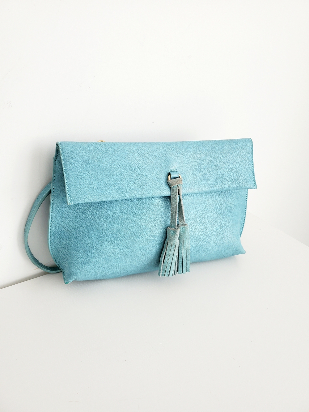 Street Level Light Blue Tassel Fold-Over Cross Clutch Wristlet